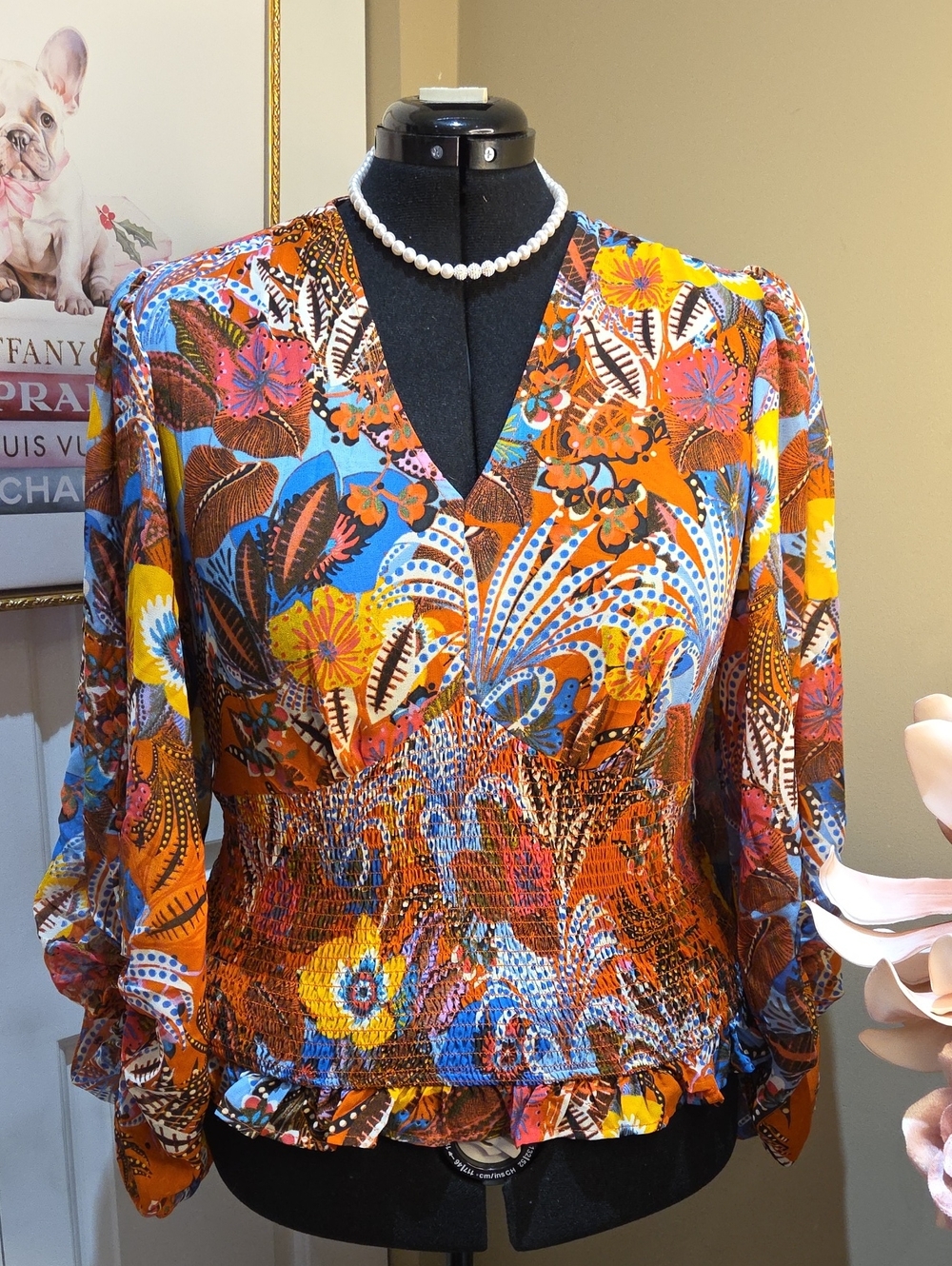 Nwt 14/16 Ashley Stewart Orange Multi Floral Print Smocked V-Neck Blouse